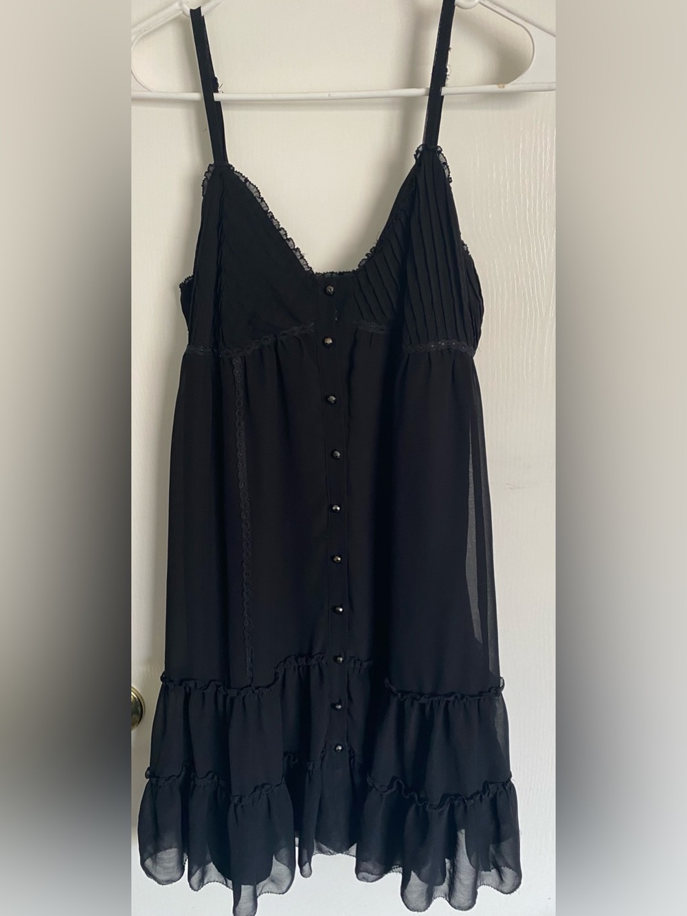 Vtg GUESS Black Chiffon Pintuck Lace Trim Ruffle Hem Babydoll Slip Dress